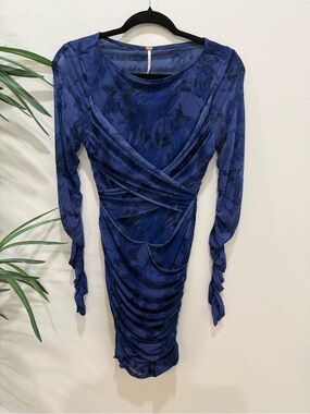 Free People Navy Blue Ruched Long-Sleeve Wrap Dress